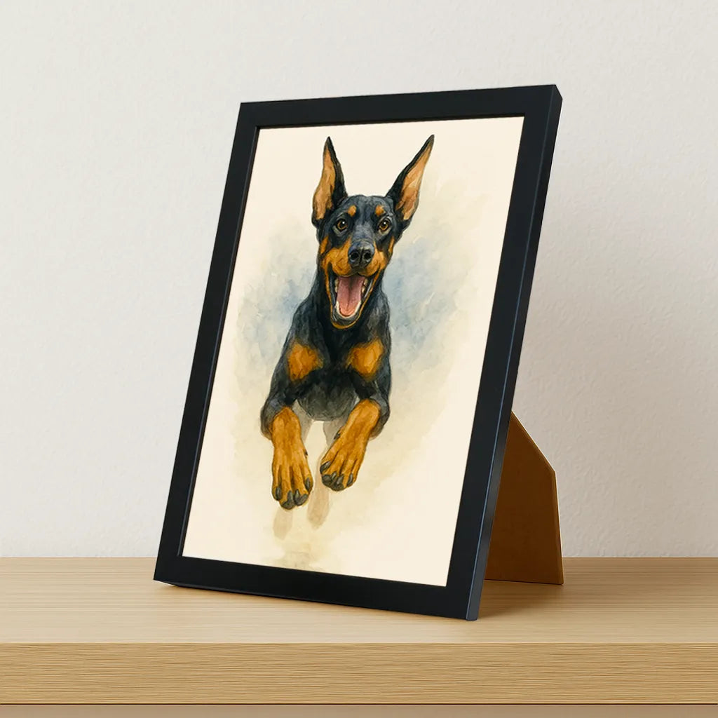 Dobermann Acquarello stampato su forex, cornice portafoto nero, misura 21x29.7
