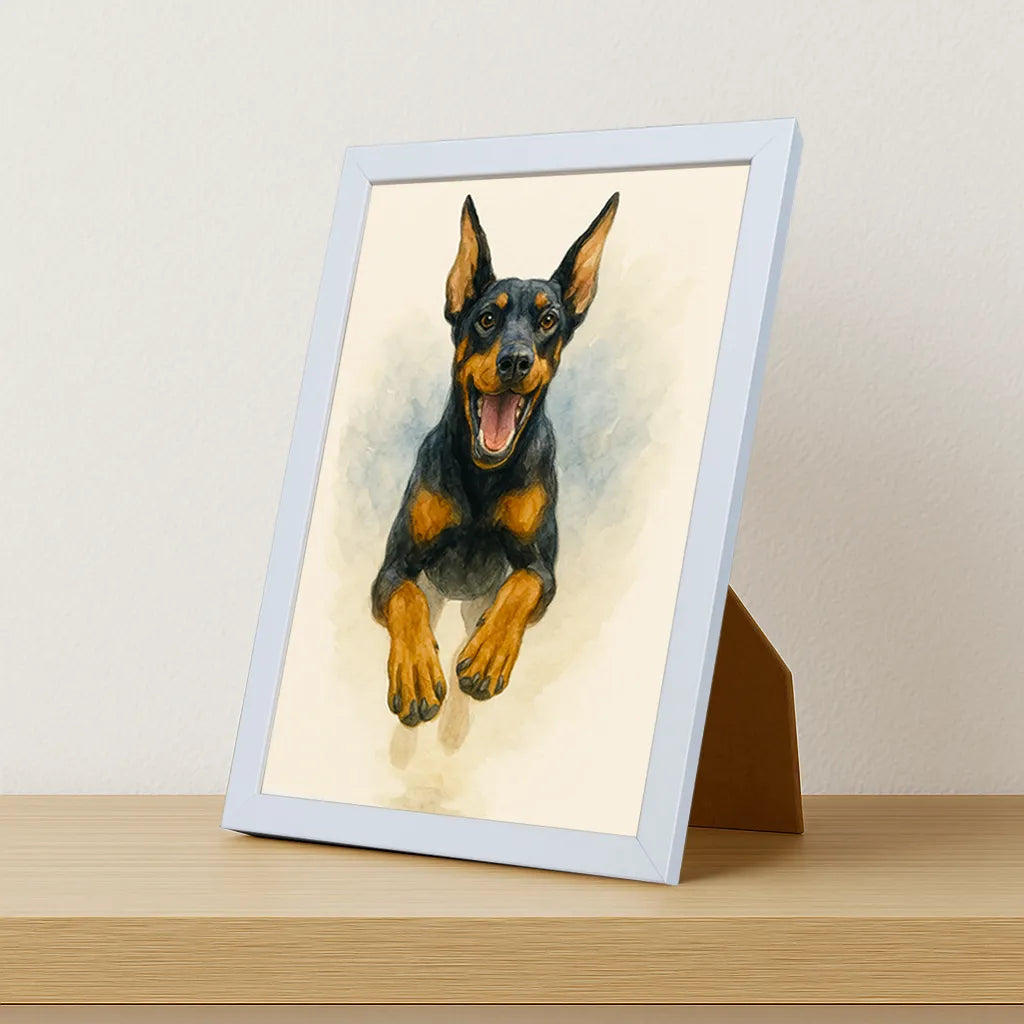 Dobermann Acquarello stampato su forex, cornice portafoto bianco, misura 21x29.7