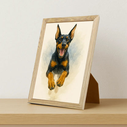 Dobermann Acquarello stampato su forex, cornice portafoto legno, misura 21x29.7