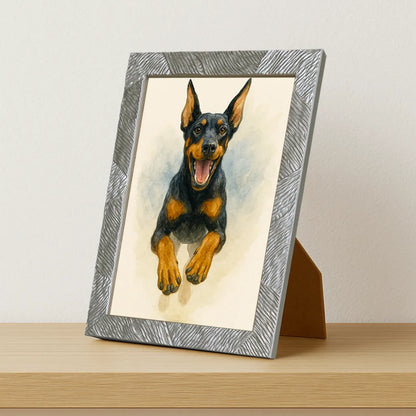 Dobermann Acquarello stampato su forex, cornice portafoto argento, misura 21x29.7