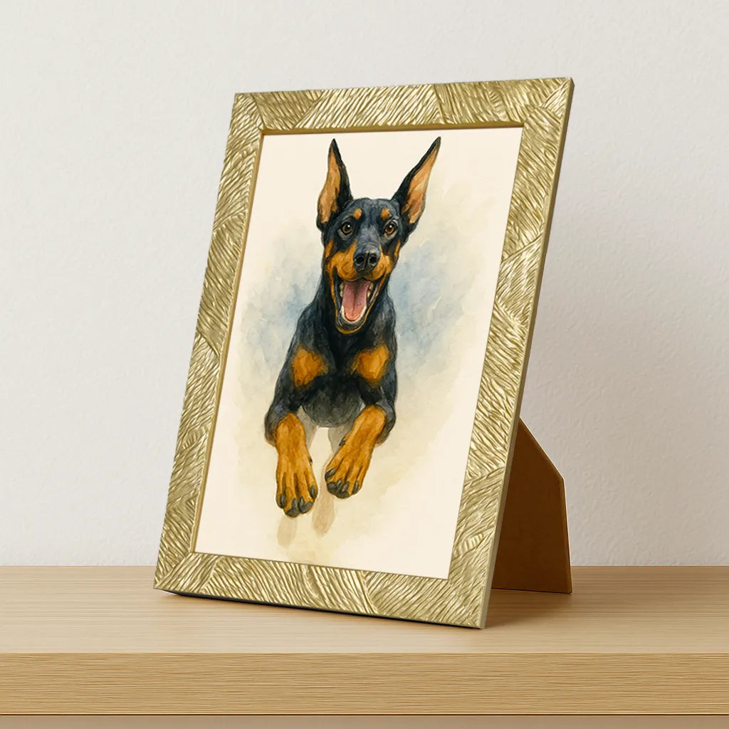 Dobermann Acquarello stampato su forex, cornice portafoto oro, misura 21x29.7
