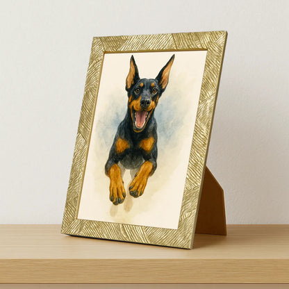 Dobermann Acquarello stampato su forex, cornice portafoto oro, misura 21x29.7