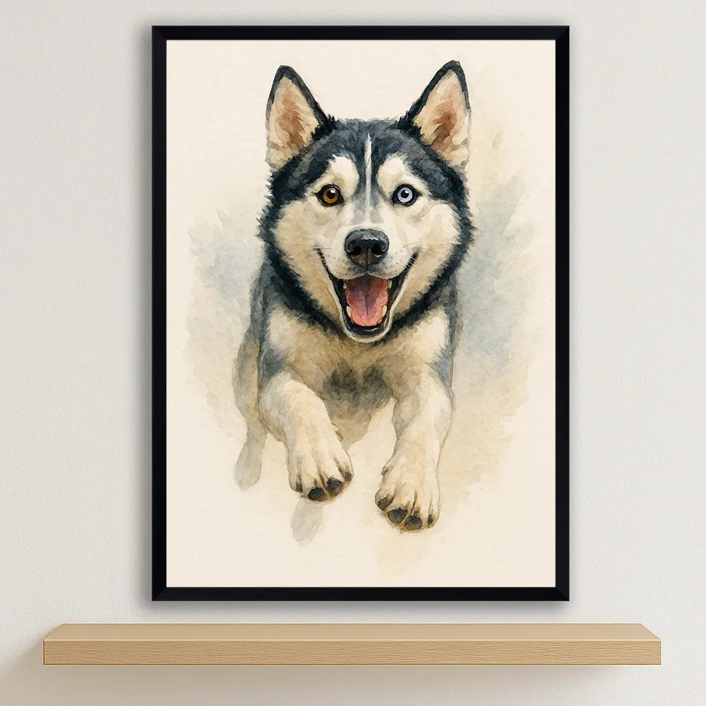 Husky Acquarello stampato su forex, cornice nero, disponibile in 30x40, 40x50 e 50x70 cm