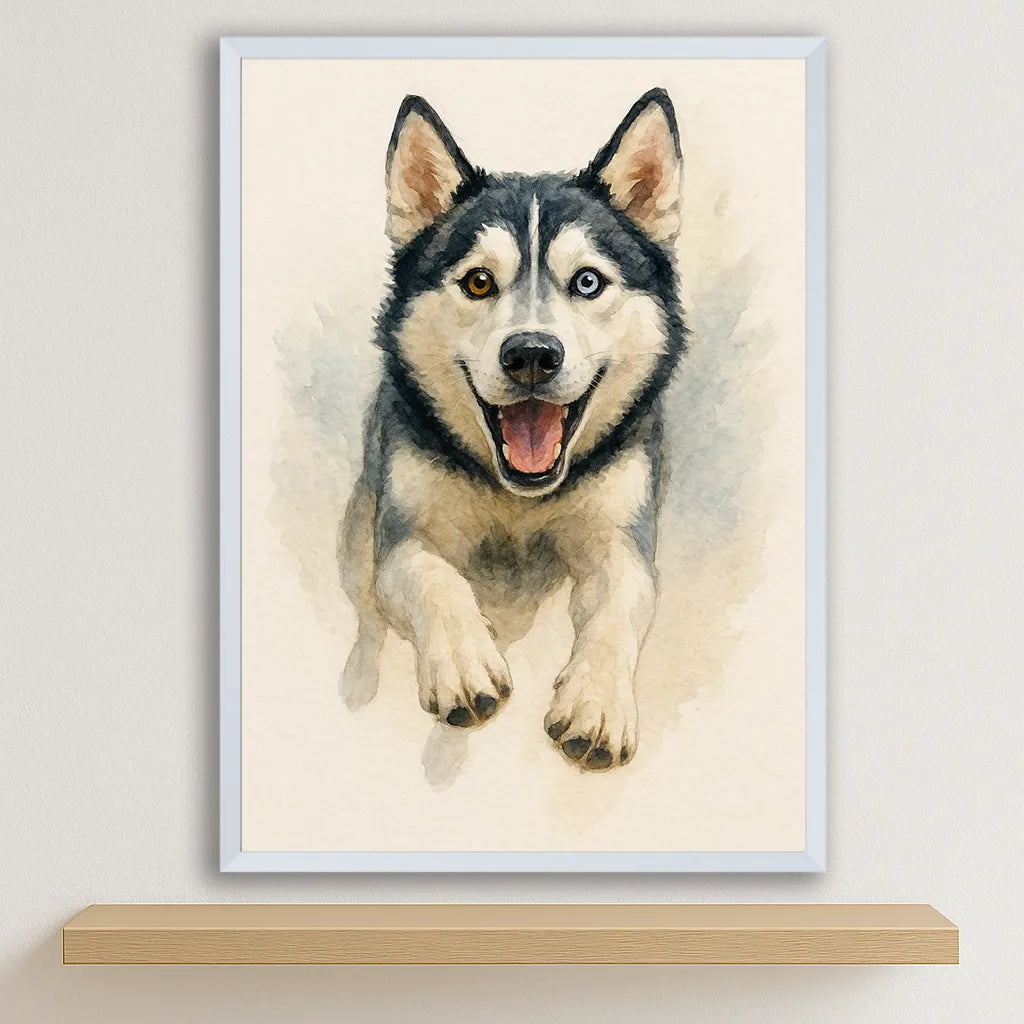 Husky Acquarello stampato su forex, cornice bianco, disponibile in 30x40, 40x50 e 50x70 cm