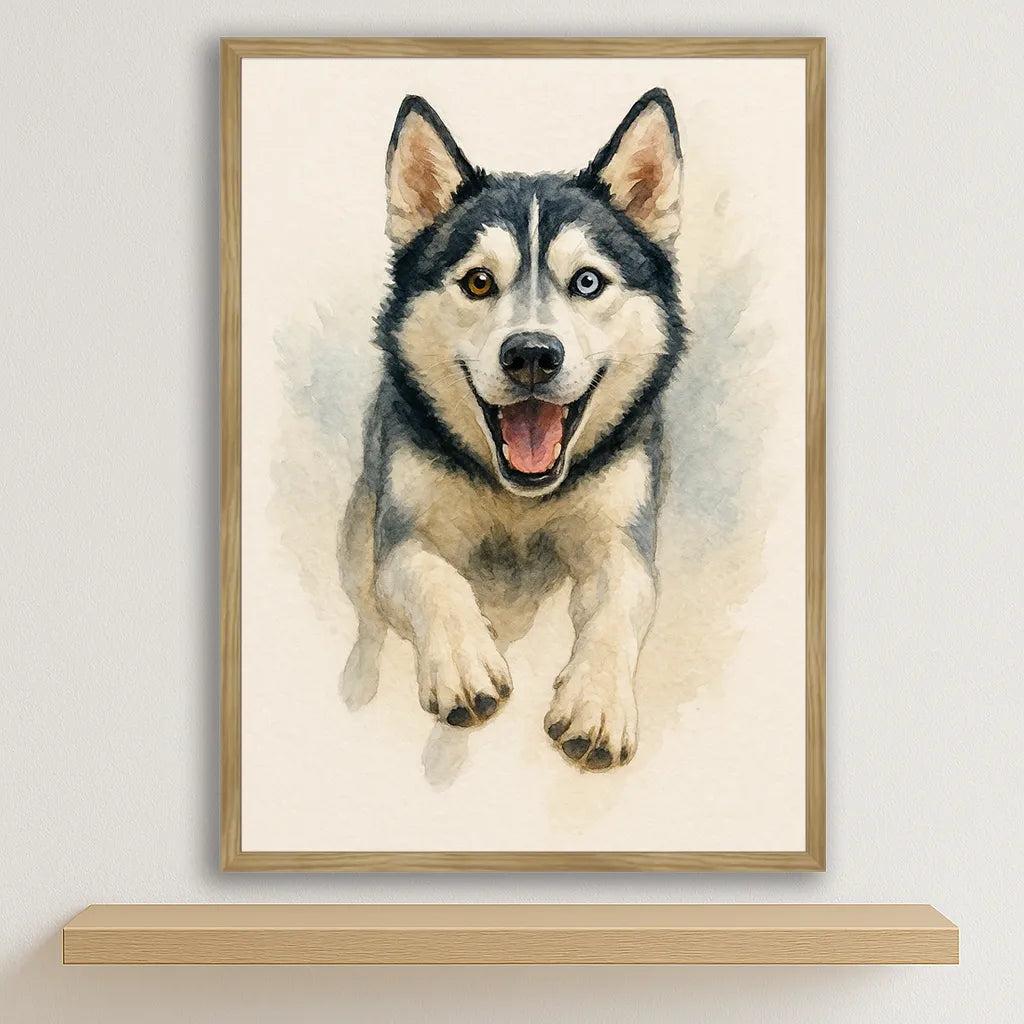 Husky Acquarello stampato su forex, cornice legno, disponibile in 30x40, 40x50 e 50x70 cm