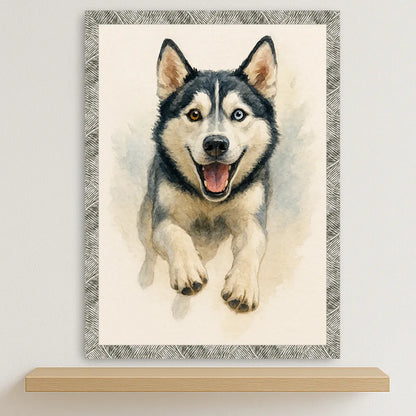 Husky Acquarello stampato su forex, cornice argento, disponibile in 30x40, 40x50 e 50x70 cm