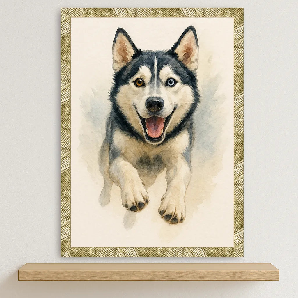 Husky Acquarello stampato su forex, cornice oro, disponibile in 30x40, 40x50 e 50x70 cm