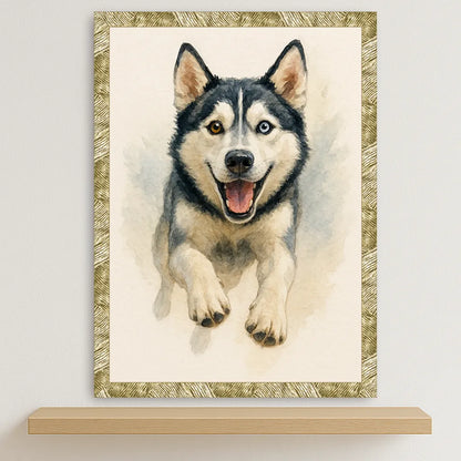 Husky Acquarello stampato su forex, cornice oro, disponibile in 30x40, 40x50 e 50x70 cm