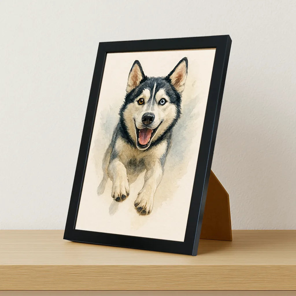 Husky Acquarello stampato su forex, cornice portafoto nero, misura 21x29.7