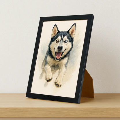 Husky Acquarello stampato su forex, cornice portafoto nero, misura 21x29.7