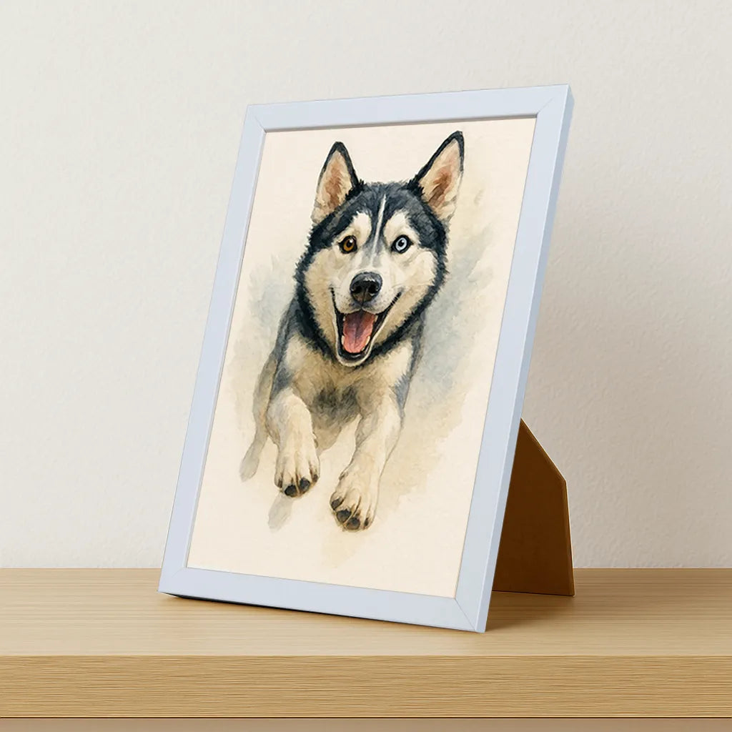 Husky Acquarello stampato su forex, cornice portafoto bianco, misura 21x29.7