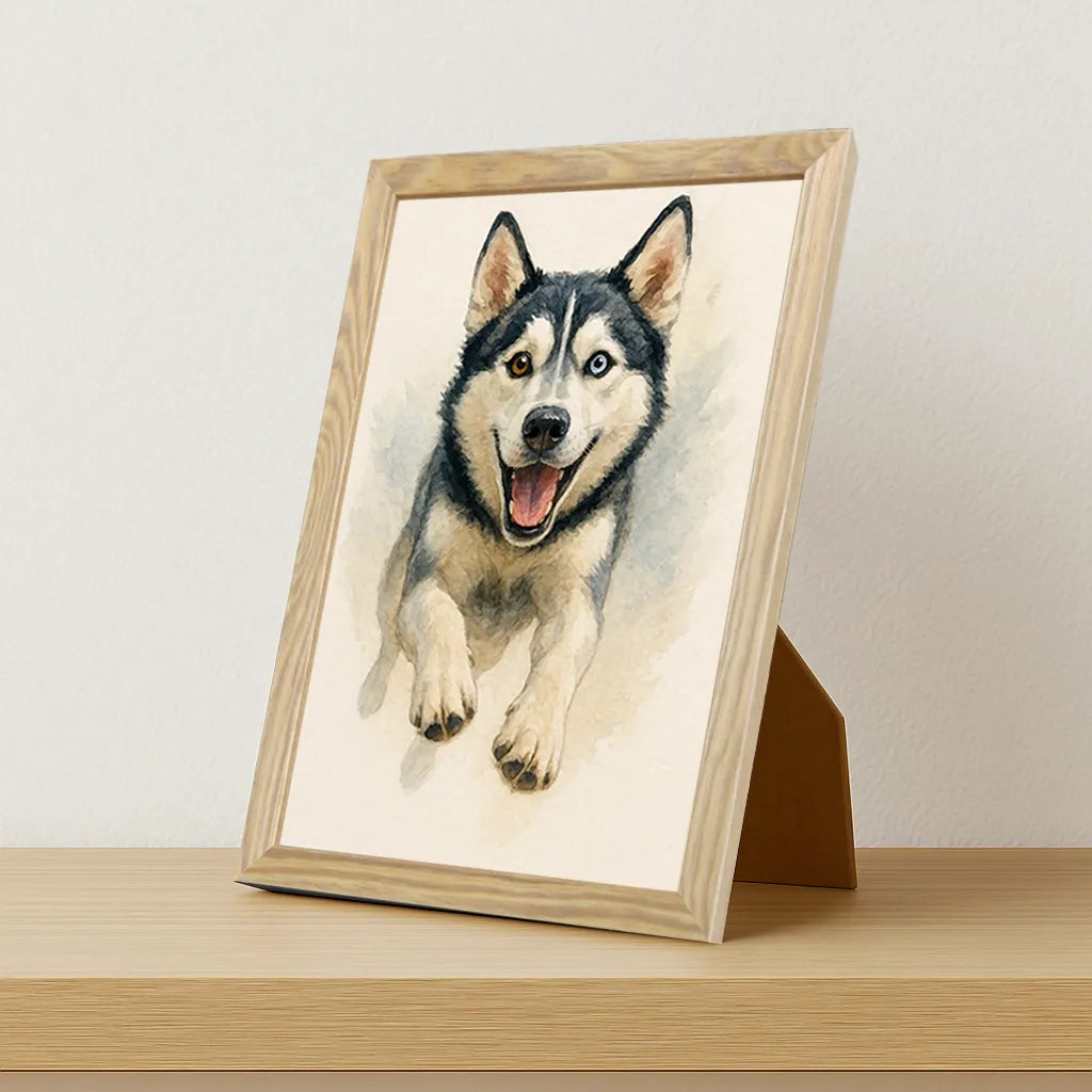 Husky Acquarello stampato su forex, cornice portafoto legno, misura 21x29.7
