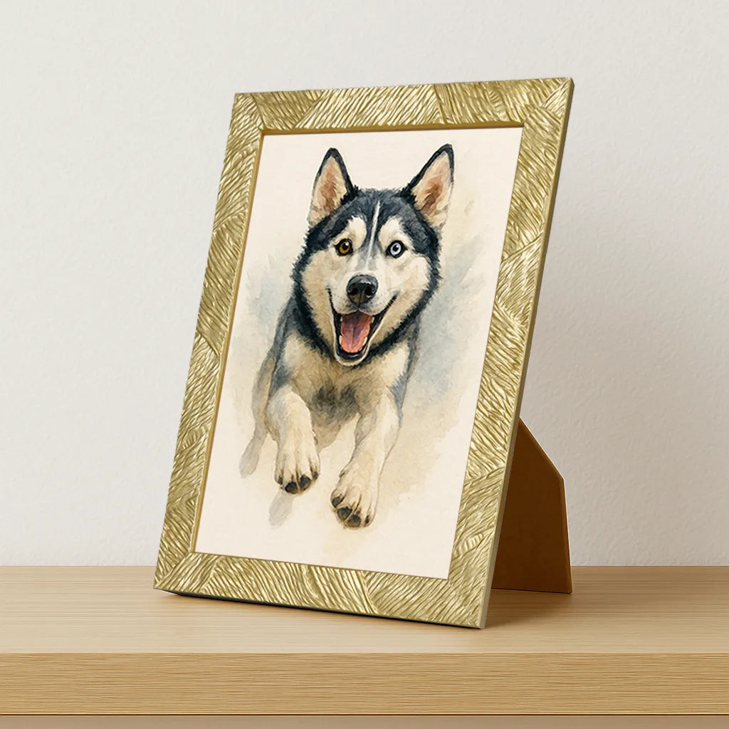 Husky Acquarello stampato su forex, cornice portafoto oro, misura 21x29.7