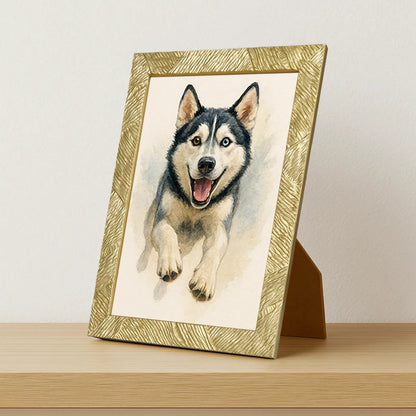 Husky Acquarello stampato su forex, cornice portafoto oro, misura 21x29.7