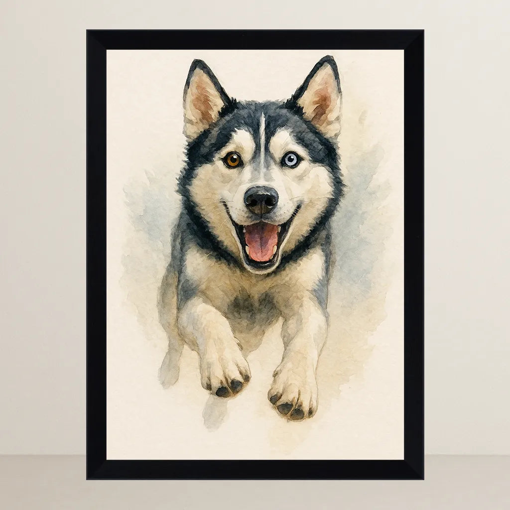Husky Acquarello stampato su forex, cornice FSC, disponibile in varie misure