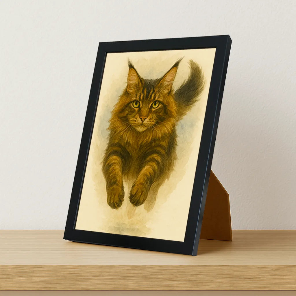 Maine Coon Acquarello stampato su forex, cornice portafoto nero, misura 21x29.7