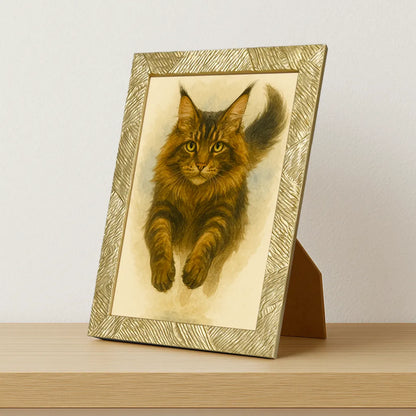 Maine Coon Acquarello stampato su forex, cornice portafoto oro, misura 21x29.7