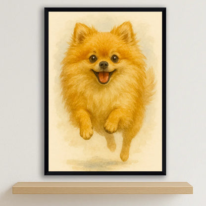 Pomerania Acquarello stampato su forex, cornice nero, disponibile in 30x40, 40x50 e 50x70 cm