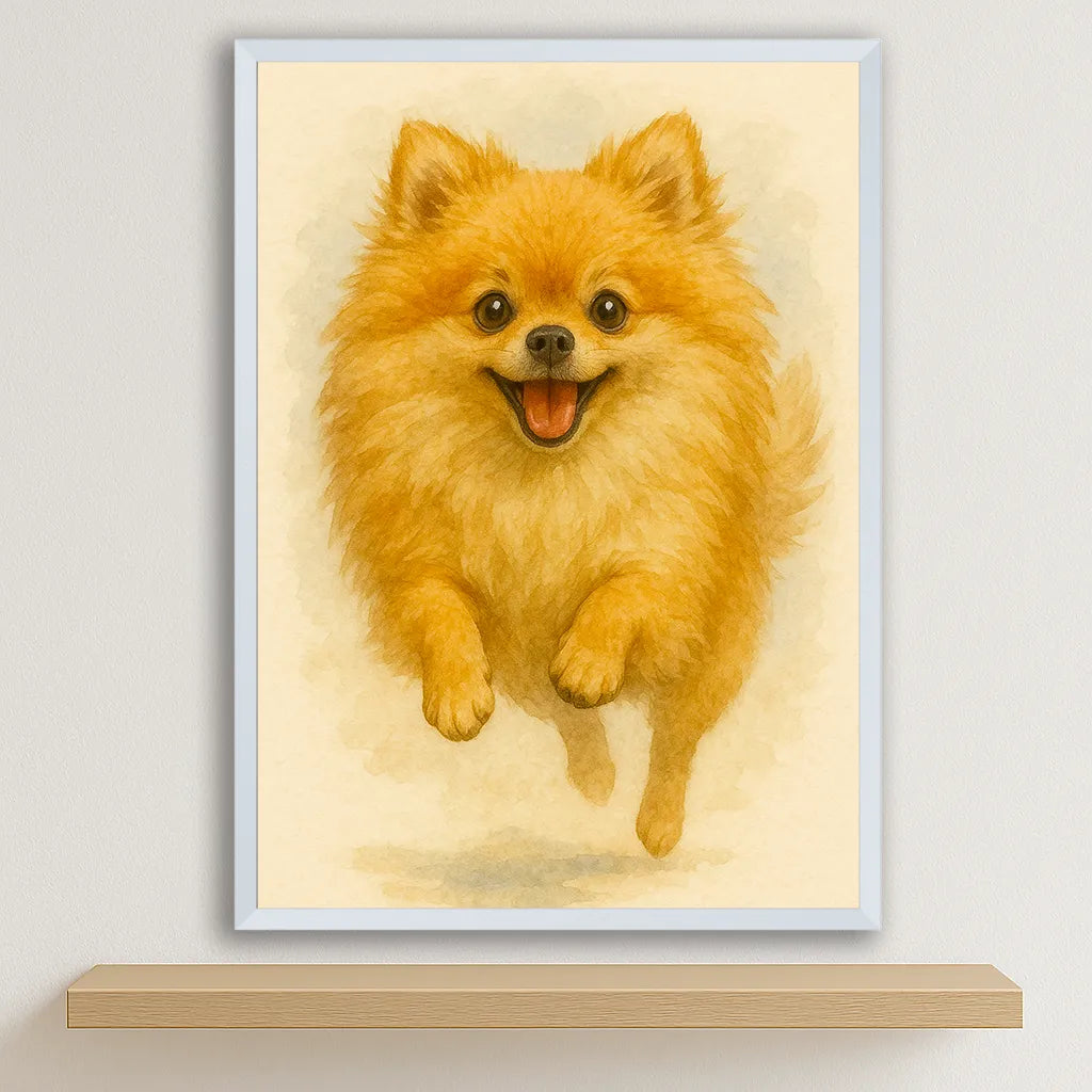 Pomerania Acquarello stampato su forex, cornice bianco, disponibile in 30x40, 40x50 e 50x70 cm