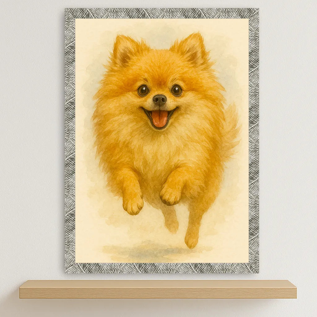 Pomerania Acquarello stampato su forex, cornice argento, disponibile in 30x40, 40x50 e 50x70 cm