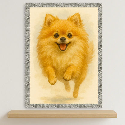 Pomerania Acquarello stampato su forex, cornice argento, disponibile in 30x40, 40x50 e 50x70 cm