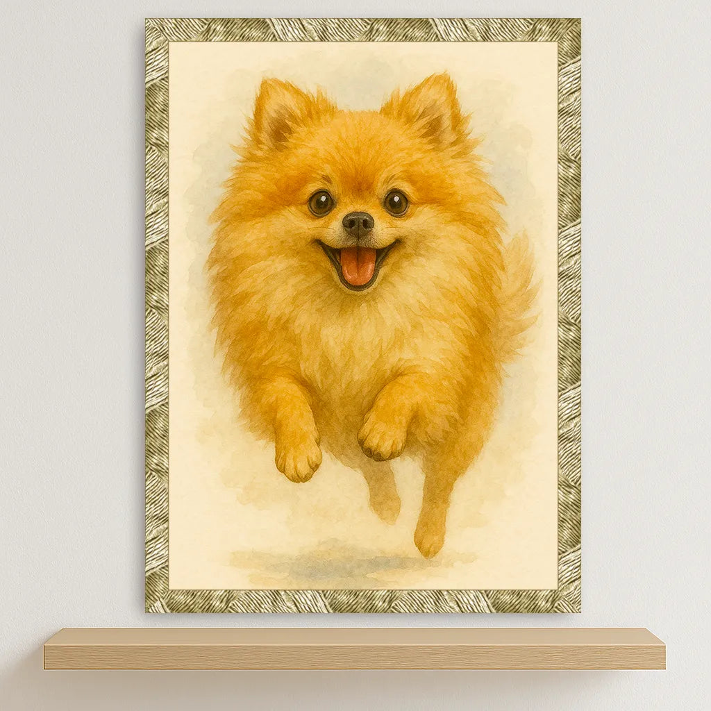 Pomerania Acquarello stampato su forex, cornice oro, disponibile in 30x40, 40x50 e 50x70 cm