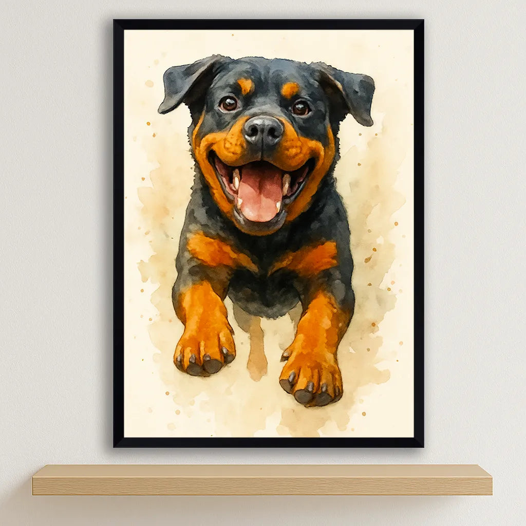 Rotwailer Acquarello stampato su forex, cornice nero, disponibile in 30x40, 40x50 e 50x70 cm