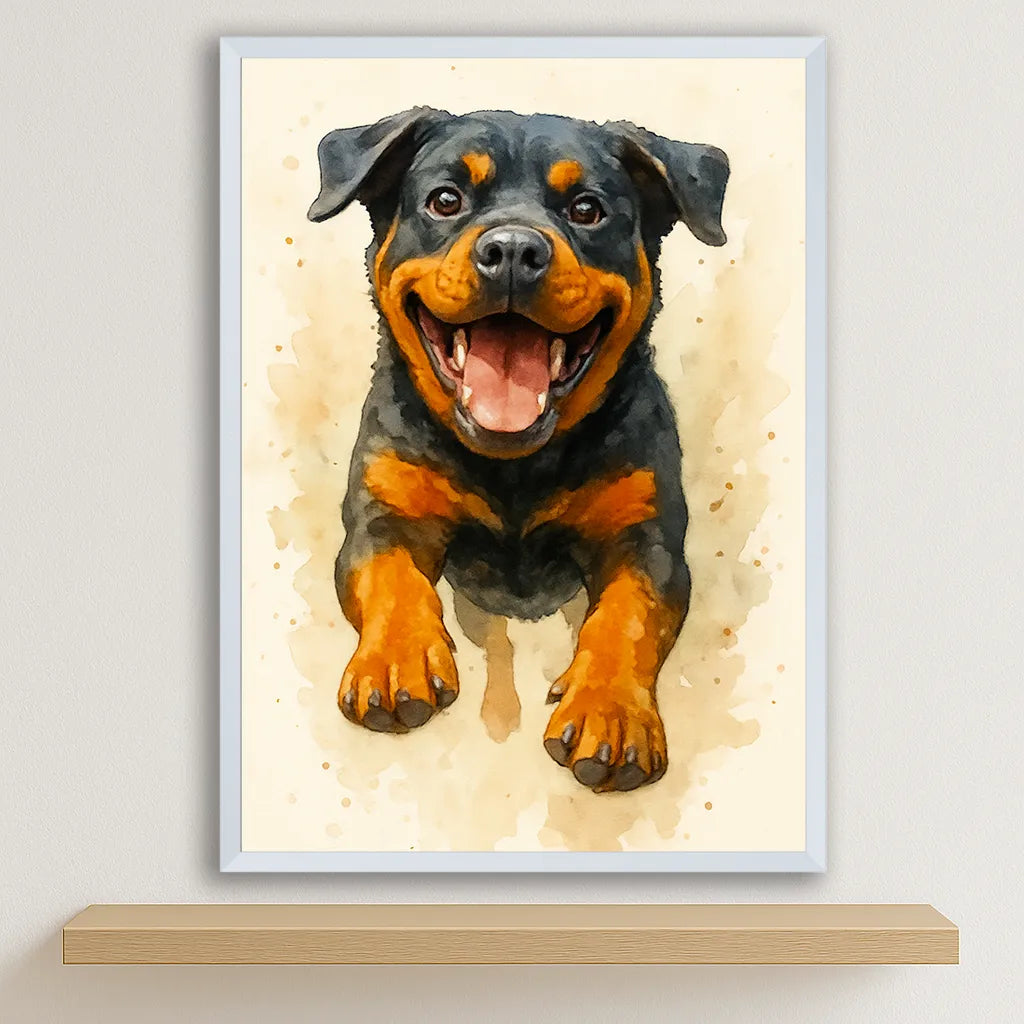 Rotwailer Acquarello stampato su forex, cornice bianco, disponibile in 30x40, 40x50 e 50x70 cm