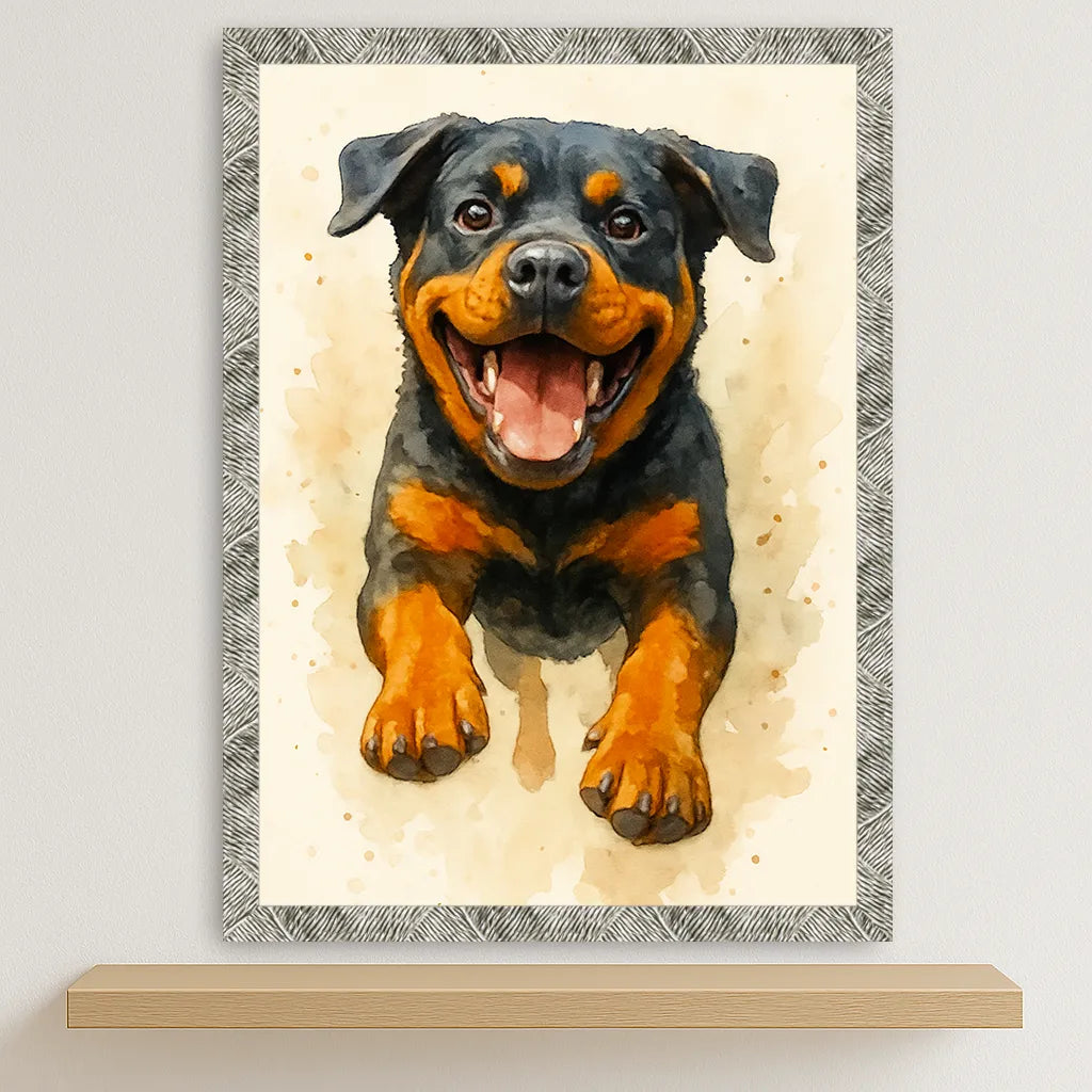 Rotwailer Acquarello stampato su forex, cornice argento, disponibile in 30x40, 40x50 e 50x70 cm