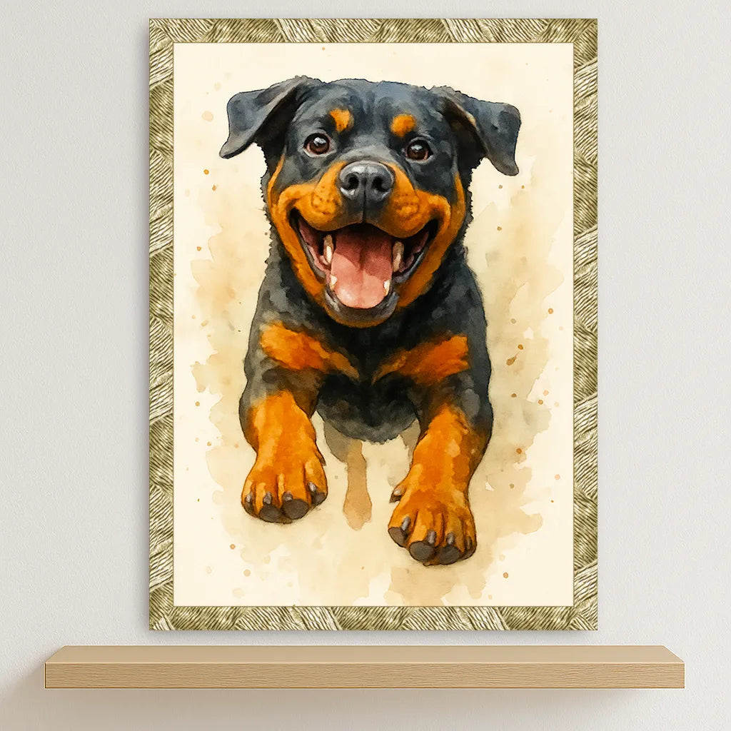 Rotwailer Acquarello stampato su forex, cornice oro, disponibile in 30x40, 40x50 e 50x70 cm