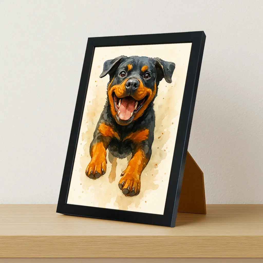 Rotwailer Acquarello stampato su forex, cornice portafoto nero, misura 21x29.7