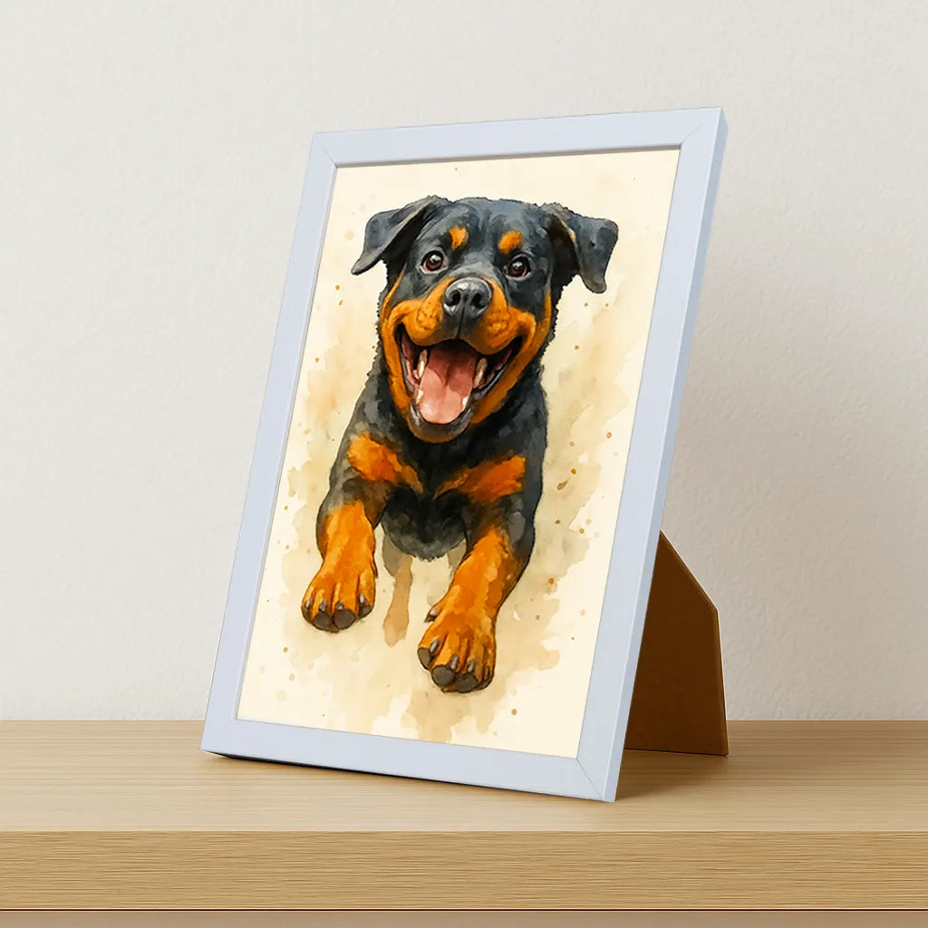 Rotwailer Acquarello stampato su forex, cornice portafoto bianco, misura 21x29.7