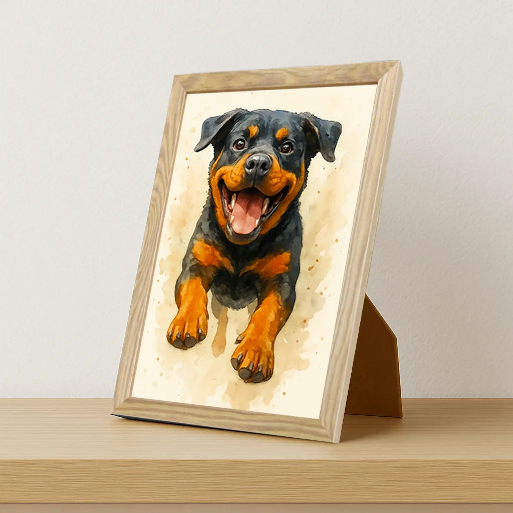 Rotwailer Acquarello stampato su forex, cornice portafoto legno, misura 21x29.7