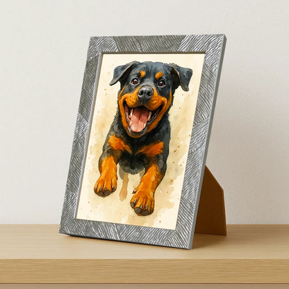 Rotwailer Acquarello stampato su forex, cornice portafoto argento, misura 21x29.7