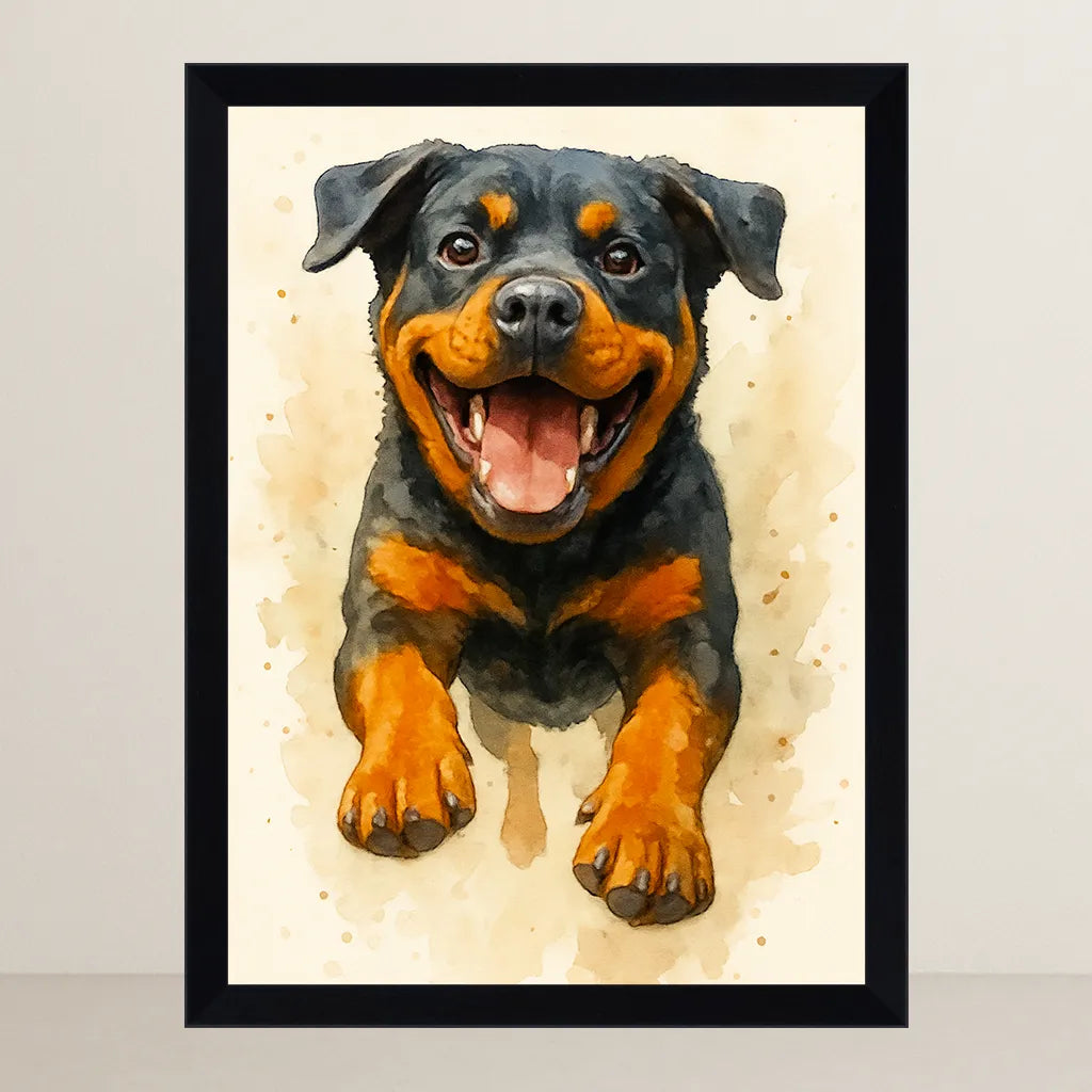 Rotwailer Acquarello stampato su forex, cornice FSC, disponibile in varie misure