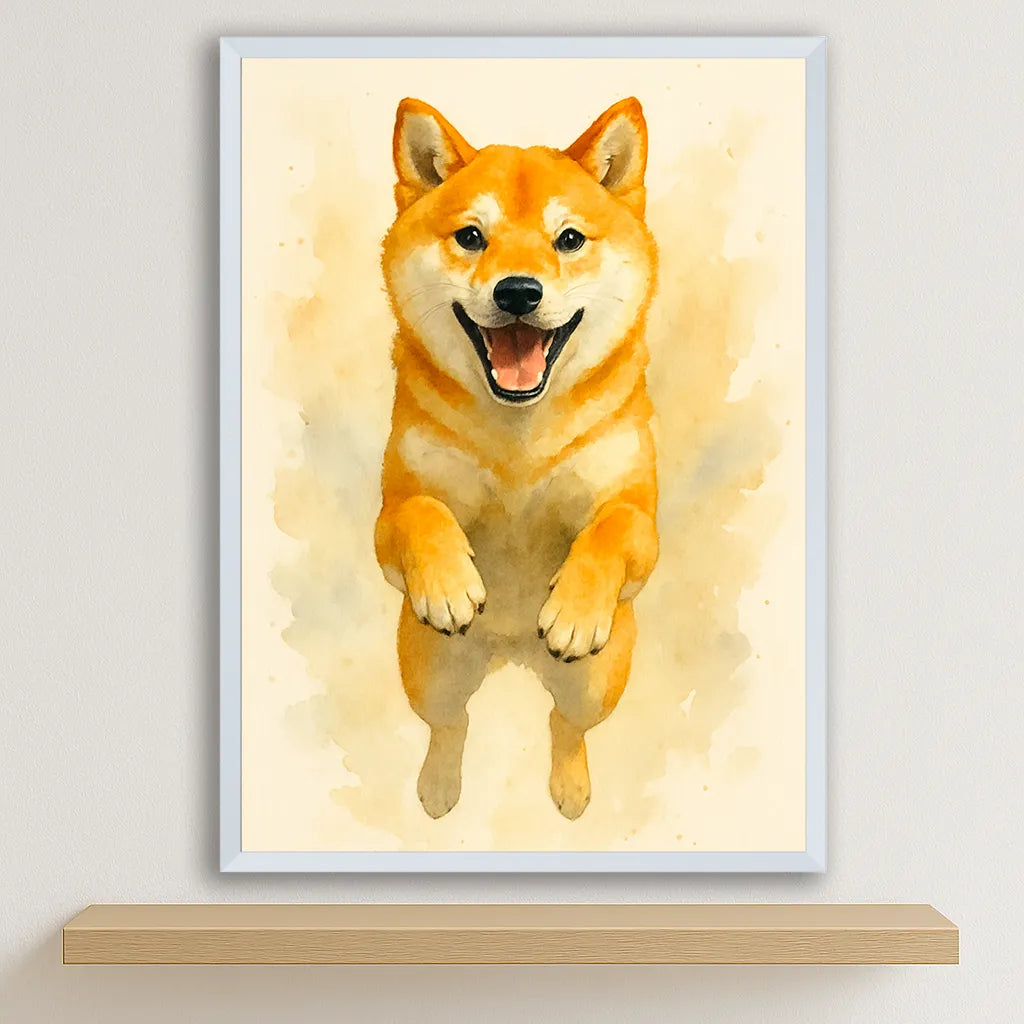 Shiba-Inu Acquarello stampato su forex, cornice bianco, disponibile in 30x40, 40x50 e 50x70 cm