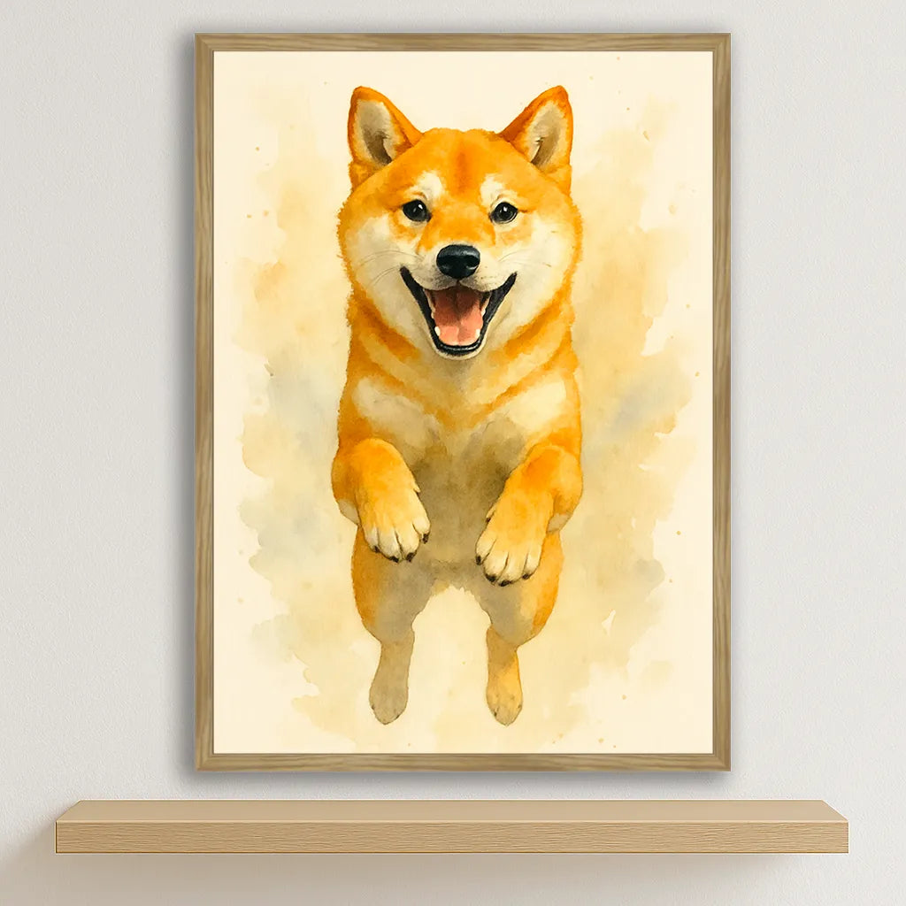 Shiba-Inu Acquarello stampato su forex, cornice legno, disponibile in 30x40, 40x50 e 50x70 cm
