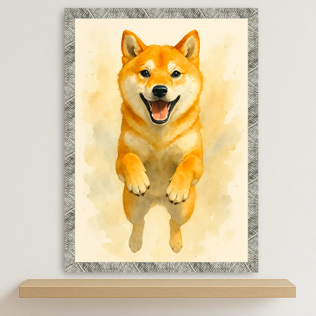Shiba-Inu Acquarello stampato su forex, cornice argento, disponibile in 30x40, 40x50 e 50x70 cm