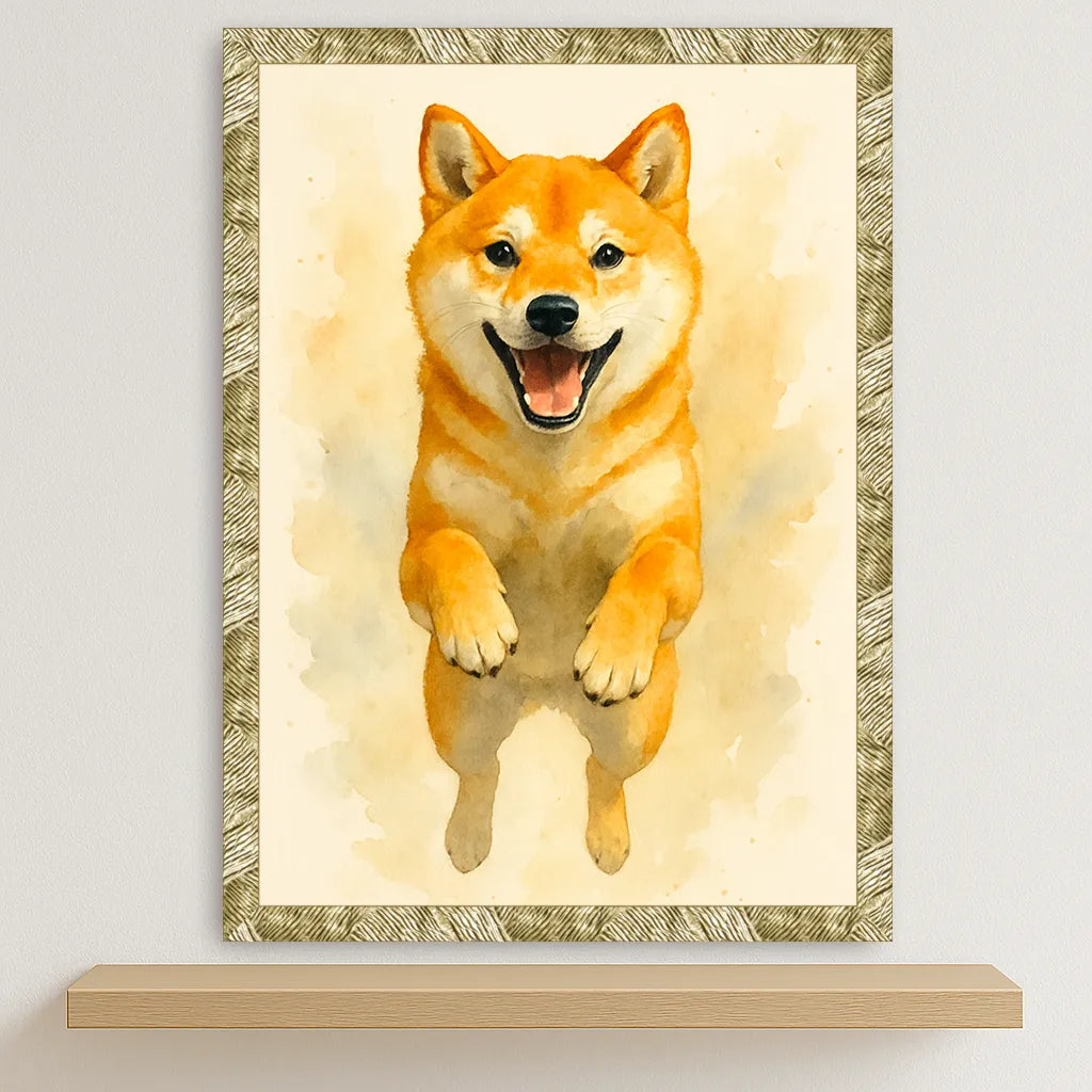 Shiba-Inu Acquarello stampato su forex, cornice oro, disponibile in 30x40, 40x50 e 50x70 cm