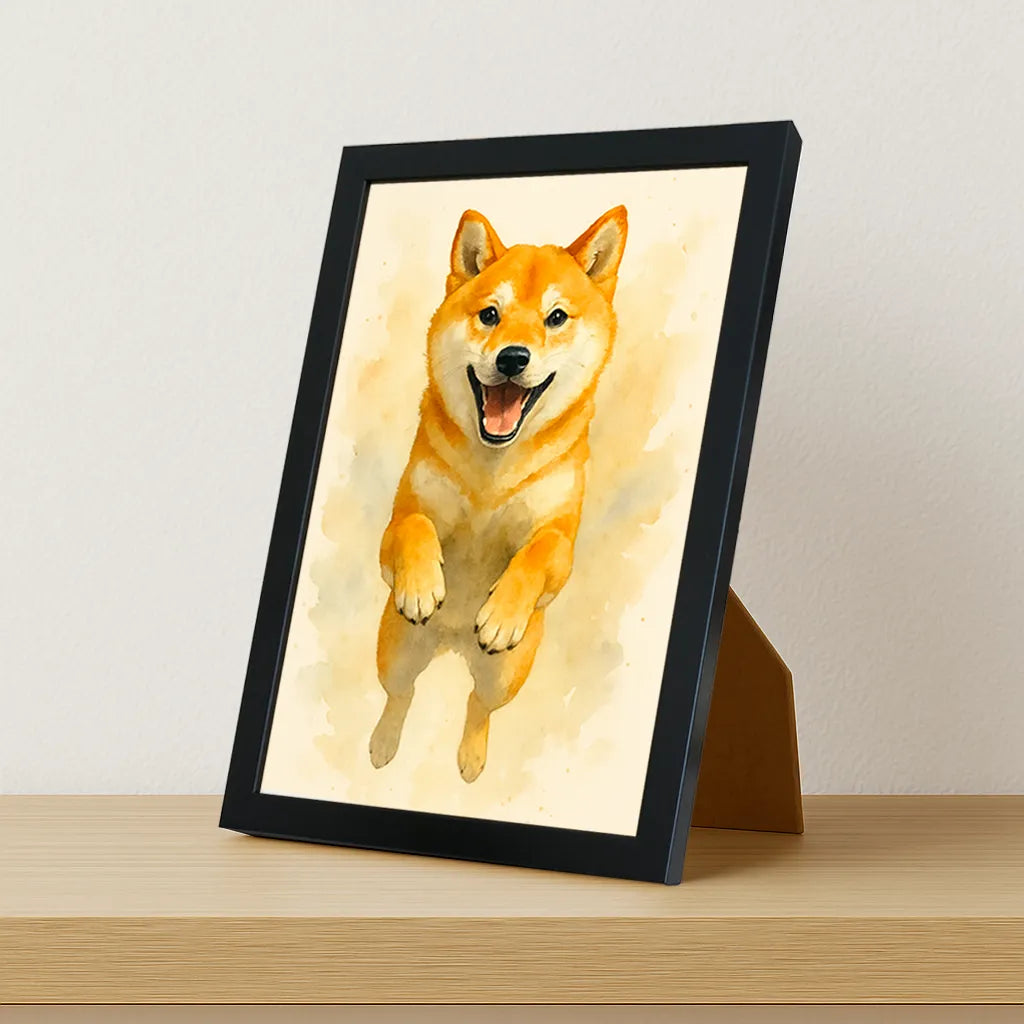 Shiba-Inu Acquarello stampato su forex, cornice portafoto nero, misura 21x29.7