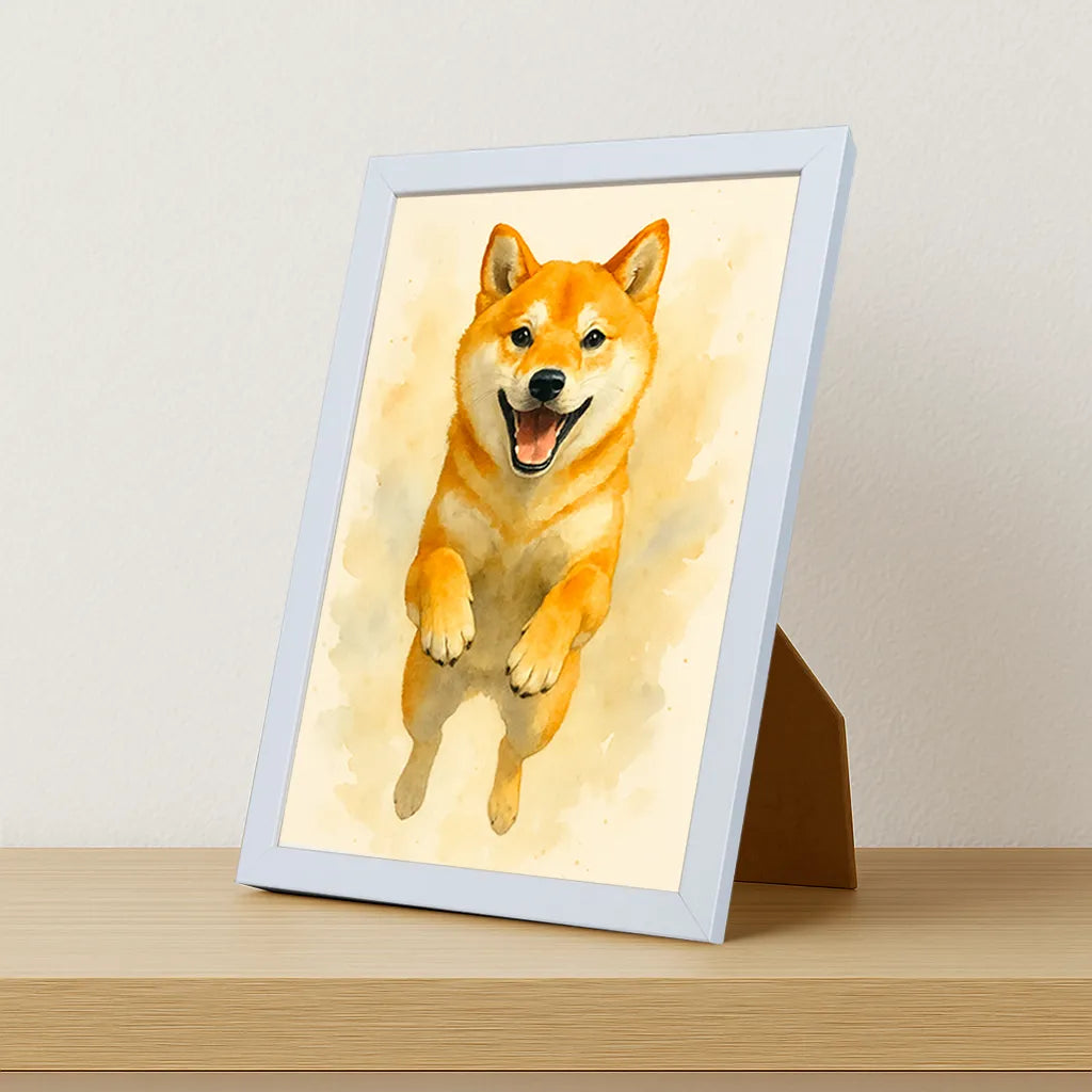 Shiba-Inu Acquarello stampato su forex, cornice portafoto bianco, misura 21x29.7