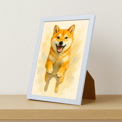 Shiba-Inu Acquarello stampato su forex, cornice portafoto bianco, misura 21x29.7