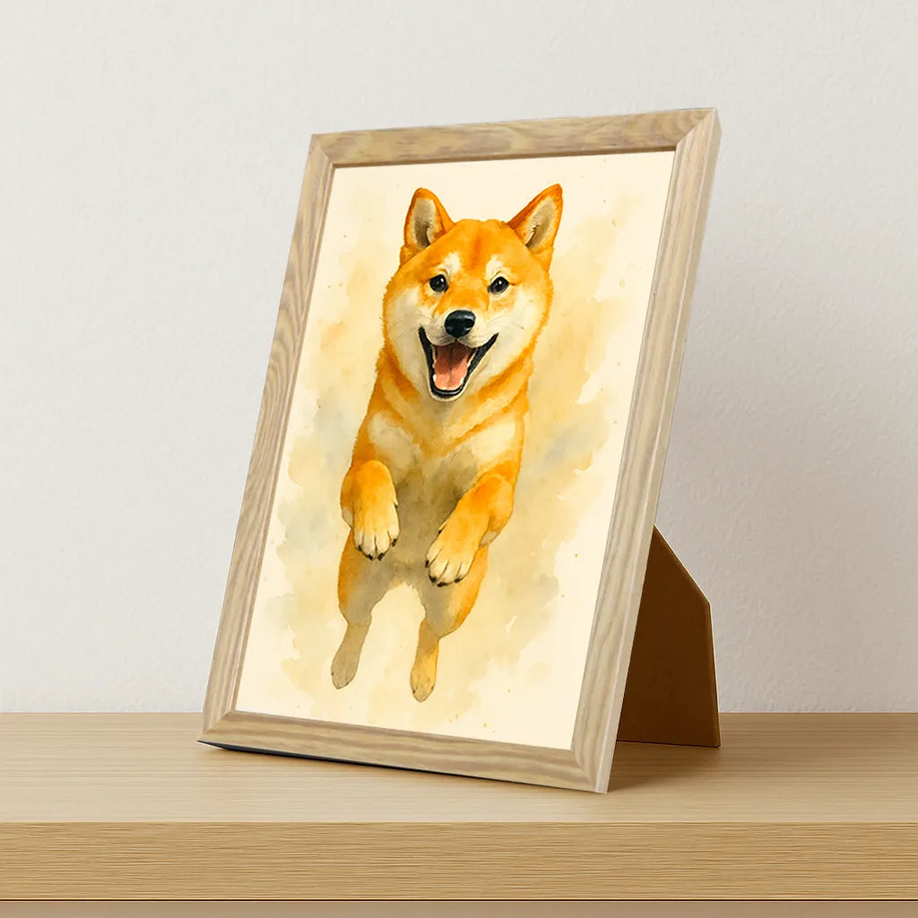 Shiba-Inu Acquarello stampato su forex, cornice portafoto legno, misura 21x29.7