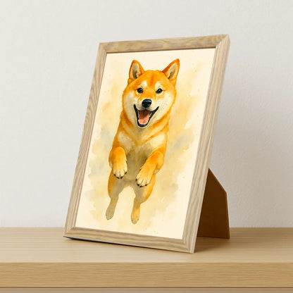 Shiba-Inu Acquarello stampato su forex, cornice portafoto legno, misura 21x29.7