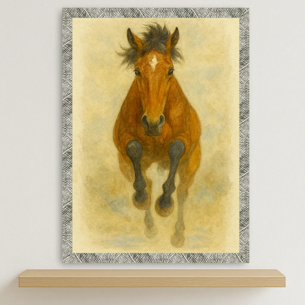 Cavallo Acquarello stampato su forex, cornice argento, disponibile in 30x40, 40x50 e 50x70 cm