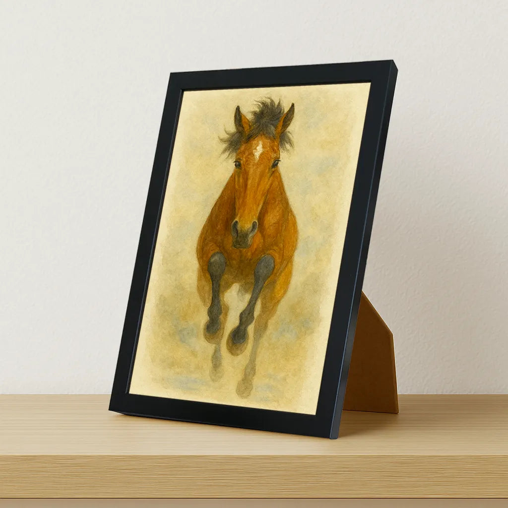 Cavallo Acquarello stampato su forex, cornice portafoto nero, misura 21x29.7