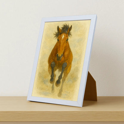 Cavallo Acquarello stampato su forex, cornice portafoto bianco, misura 21x29.7