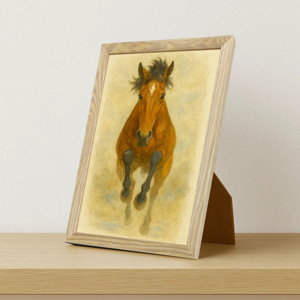 Cavallo Acquarello stampato su forex, cornice portafoto legno, misura 21x29.7