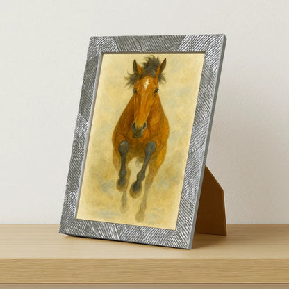 Cavallo Acquarello stampato su forex, cornice portafoto argento, misura 21x29.7