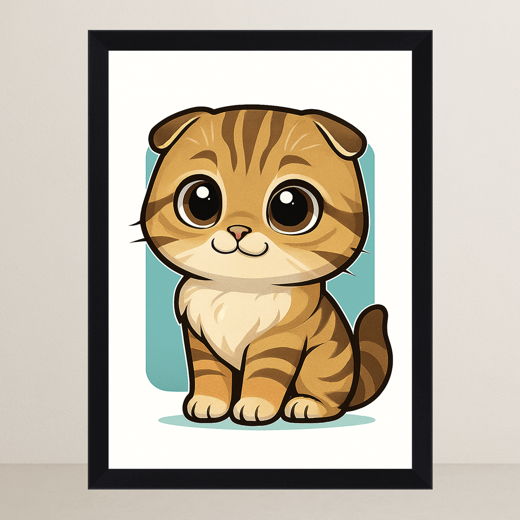 Scottish Fold in stile Chibi stampato su forex, cornice FSC, disponibile in varie misure